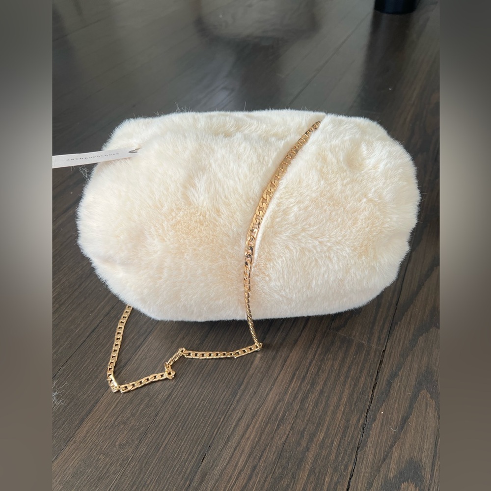 NEW Anthropologie Faux Fur Hand Muff With Chain Strap Handbag Black Hand Warmer
